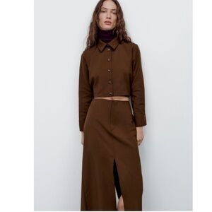 Zara Brown Pleated Crop Top Set with Slit Pencil Skirt